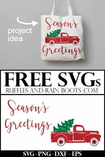 free Christmas Seasons Greetings SVG on cream tote bag with red vintage Christmas truck as a project idea with text which reads free svg