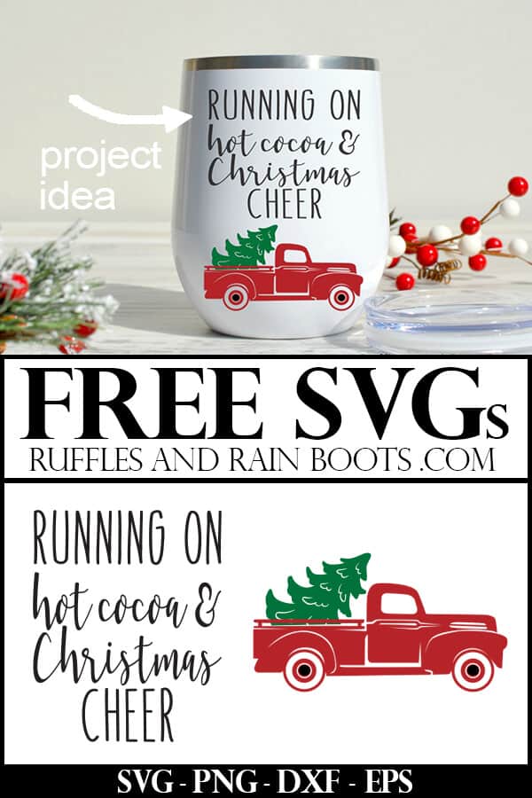 the cutest Christmas Cricut craft - a white tumbler with running on hot cocoa and Christmas cheer cut file on it and a vintage red Christmas truck