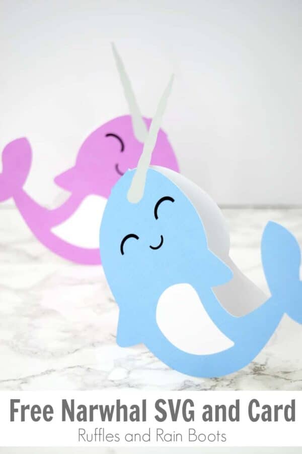 blue and purple kawaii narwhal cards standing up on white marble background with text which reads free narwhal svg and card