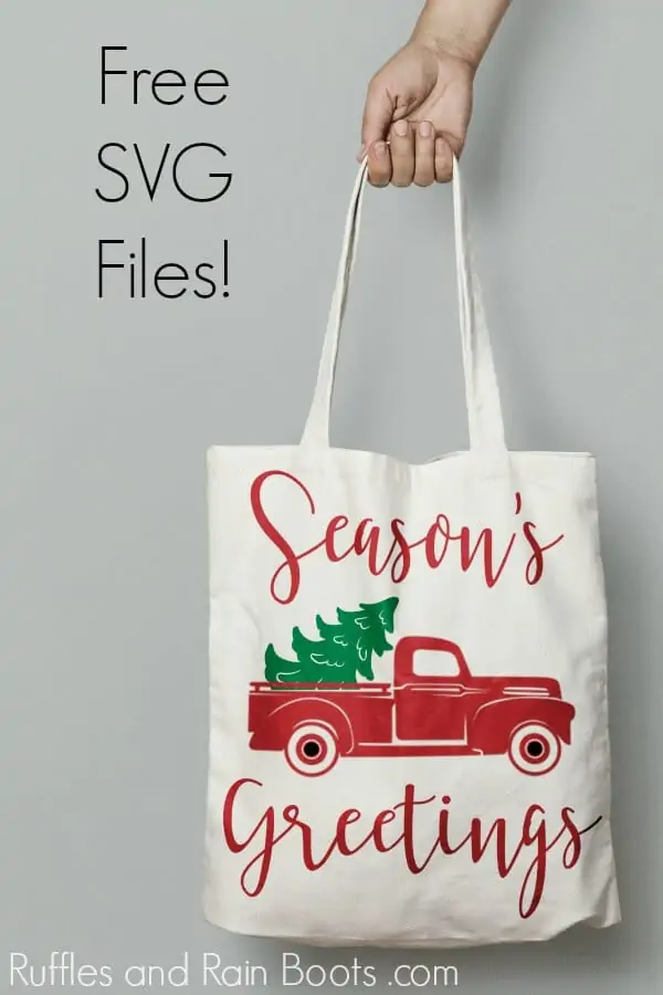adorable Christmas tote bag project idea using a free Seasons Greetings svg and a free vintage Christmas truck cut file