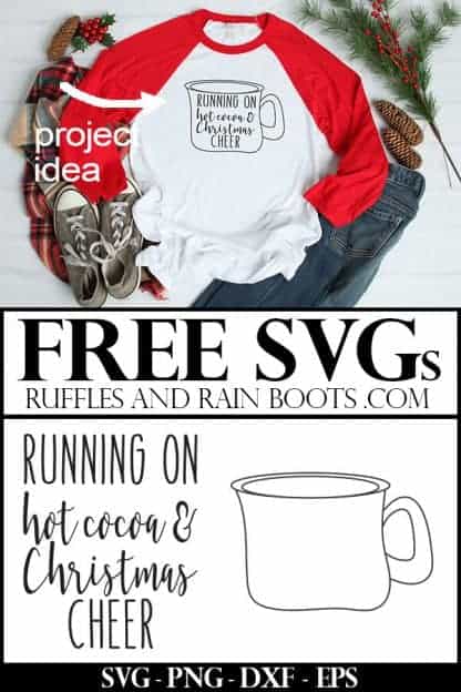hot cocoa and Christmas cheer svg and free cocoa mug svg on red raglan t shirt on holiday background with text which reads free svg