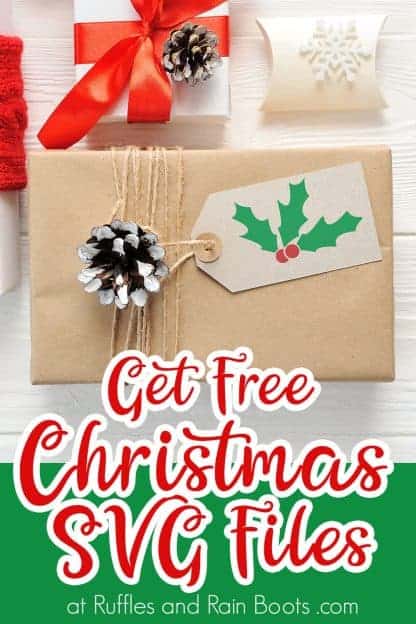 package made with a gift card using a holly svg with text which reads get free Christmas svg files