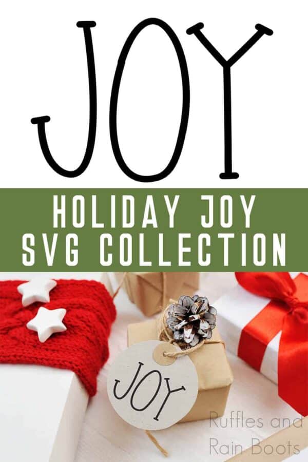 collage free joy svg put on a gift tag made with a cricut machine with text which reads holiday joy svg collection