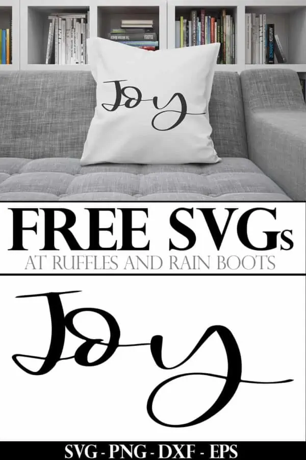 joy svg used on a white pillow on a gray couch with text which reads free svg