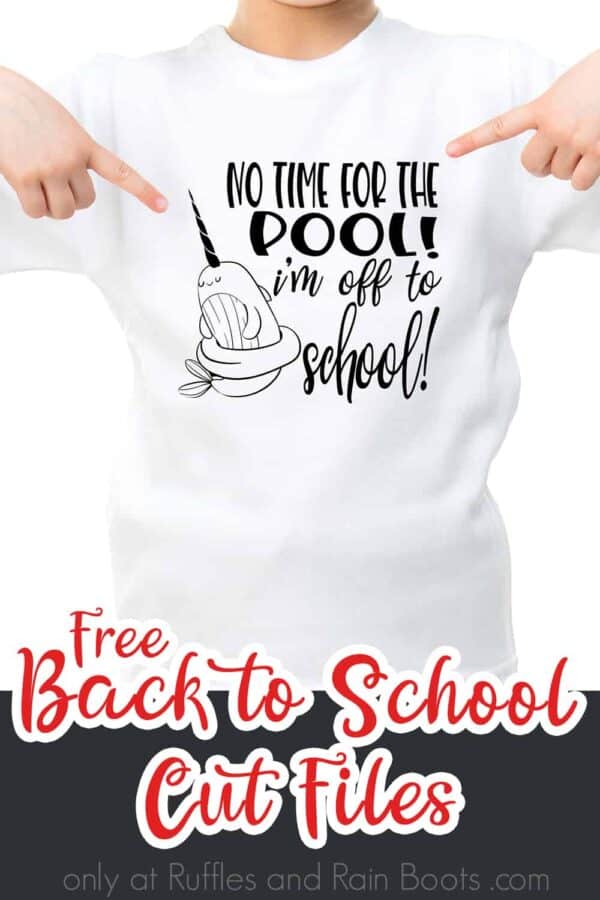 little girl in white t shirt pointing to an adorable narwhal design with text which reads free back to school cut files