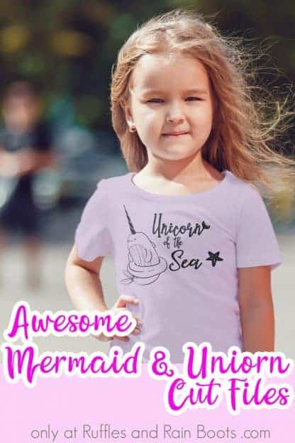 little girl in purple shirt with unicorn of the sea graphic outside with text which reads awesome mermaid and unicorn cut files