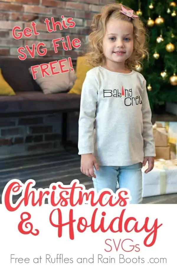 little girl with baking crew svg on light gray sweatshirt standing in front of Christmas tree with text which reads Christmas and Holiday svgs