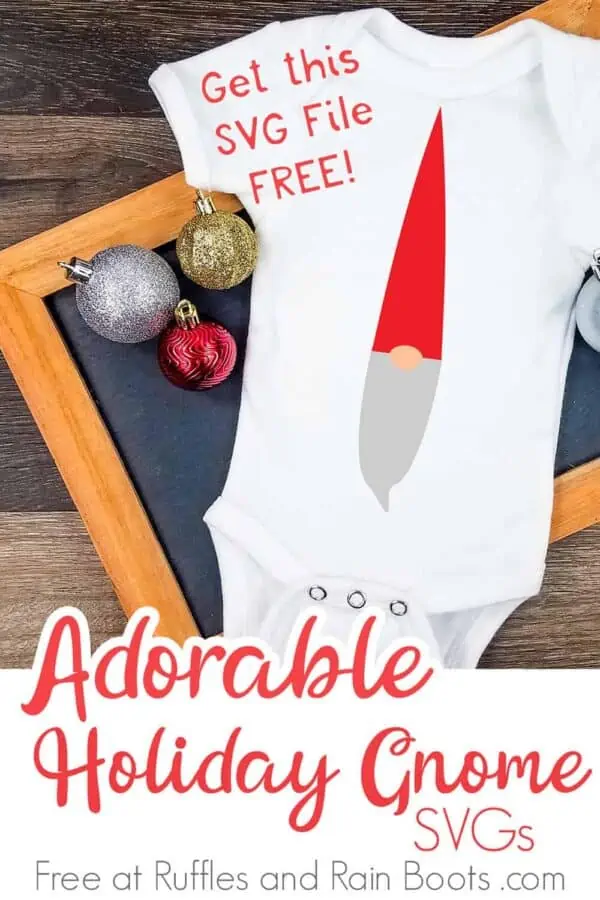 adorable Swedish gnome svg placed onto a white onesie styled on a dark wood background with Christmas decorations and text which reads adorable holiday gnome
