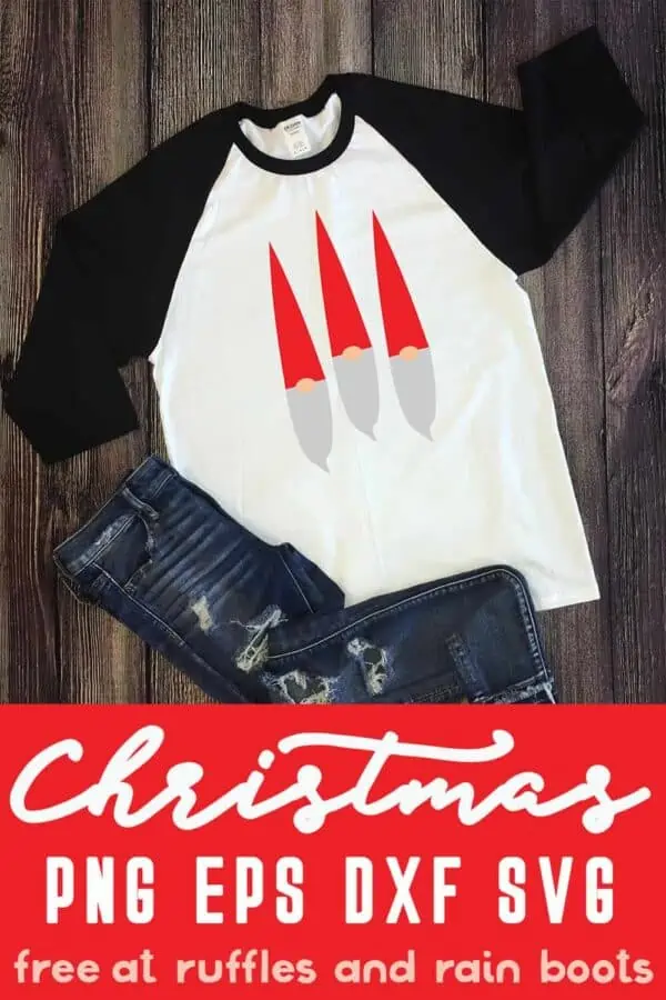 trio of gnome svg files on white and black raglan t shirt for the holidays on dark wood background with text which reads christmas PNG EPS DXF SVG