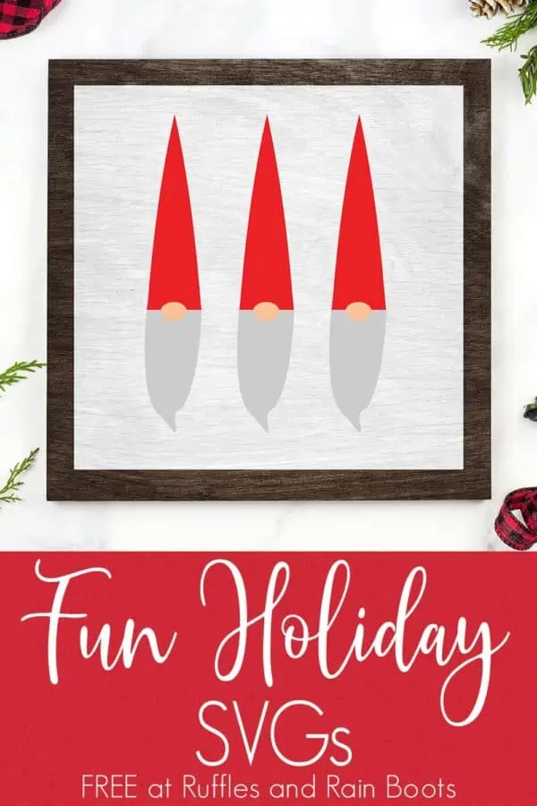 three gnome svg on wood sign for Christmas on white background with text which reads fun holiday svgs