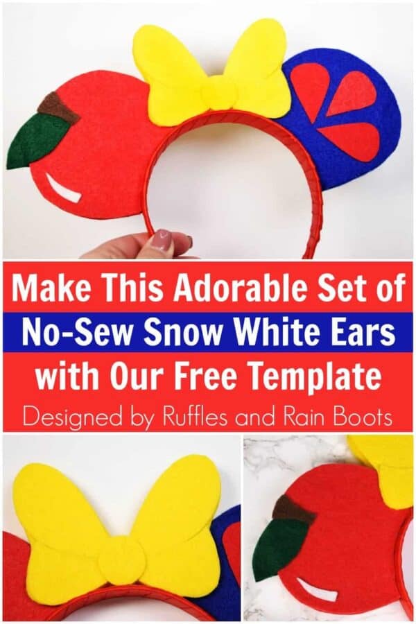 collage of Snow White SVG for Minnie ears made with Cricut with text which reads make this adorable set of no sew Snow White ears with our free template