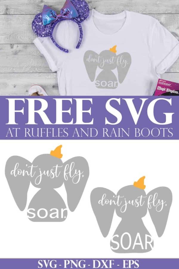 Disney t shirt made with free Dumbo SVG on white wood background with text which reads free SVG for Cricut at ruffles and rain boots