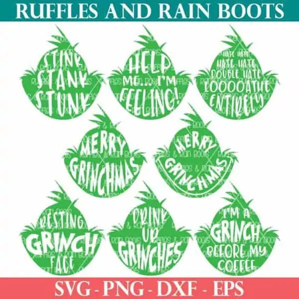 eight Grinch head SVG from Ruffles and Rain Boots