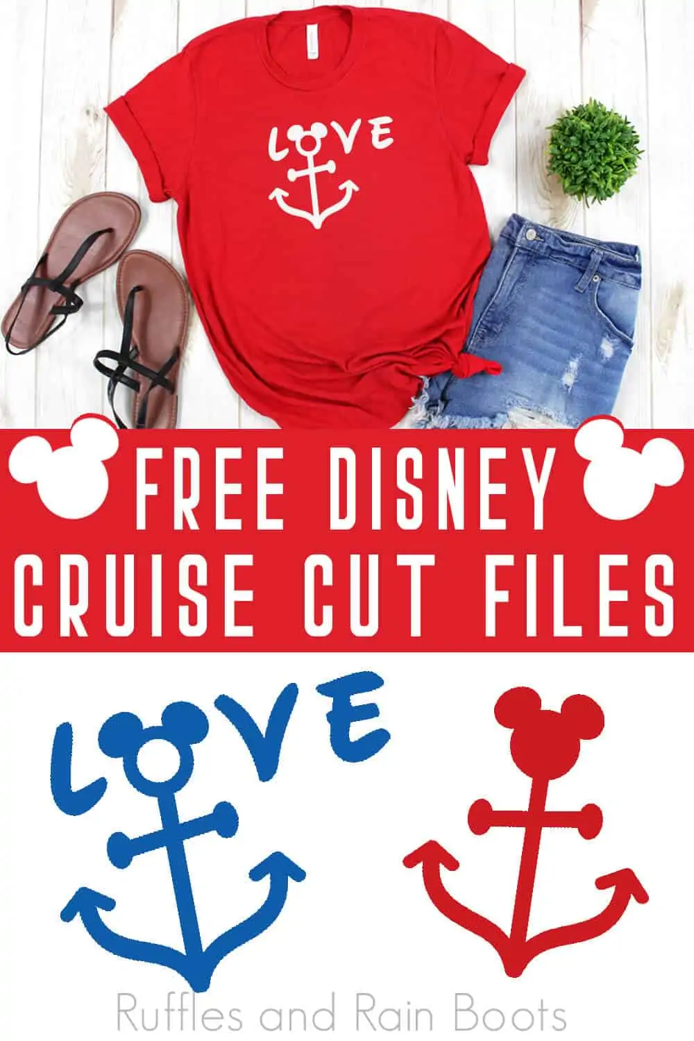 red t-shirt with nautical feel made with Disney cruise svg with text which reads free Disney cruise cut files from Ruffles and Rain Boots