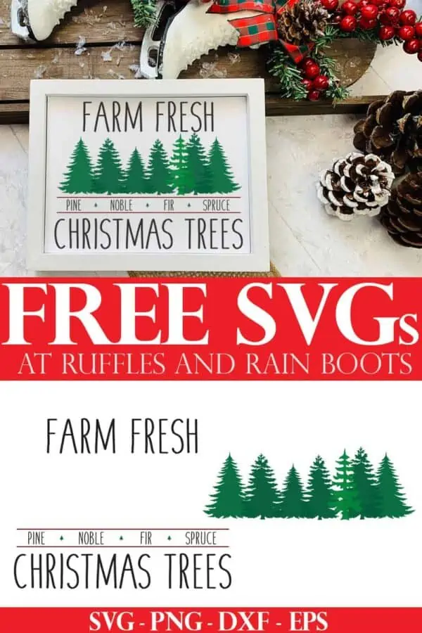 farm fresh Christmas tree SVG for farmhouse sign on holiday background with text which reads free svgs