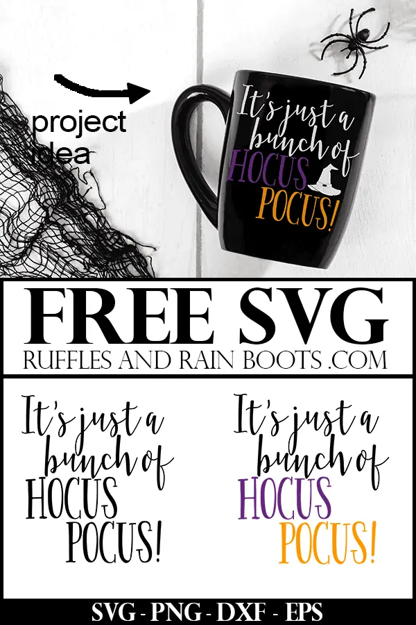 black coffee mug with hocus pocus svg on halloween scene background with text which reads free svg at ruffles and rain boots