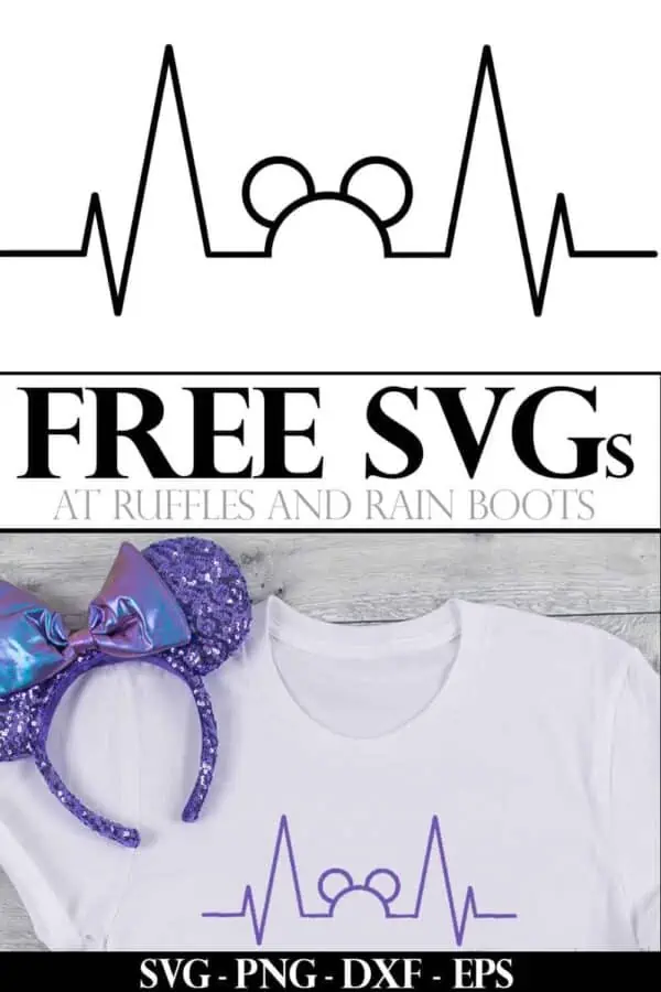 Disney Mickey heartbeat SVG in purple on white shirt with purple passion Minnie ears on wood background with text which reads free svgs at ruffles and rain boots