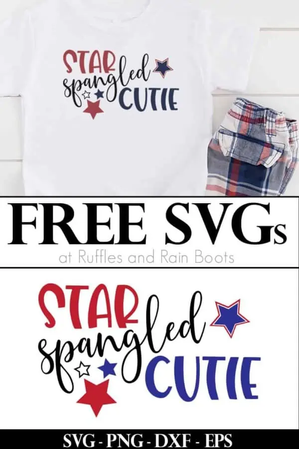toddler 4th of July shirt with star spangled cutie svg on it with plaid shorts on white background with text which reads free svg