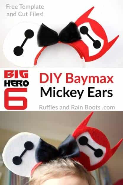 collage of child wearing Big Hero 6 Baymax SVG no sew MIckey ears with text which reads DIY Baymax Minnie Ears