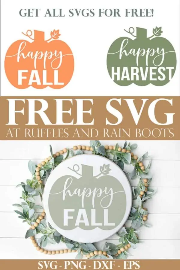 happy fall svg happy harvest svg placed onto a white wood round on white wood background with text which reads free svg at ruffles and rain boots