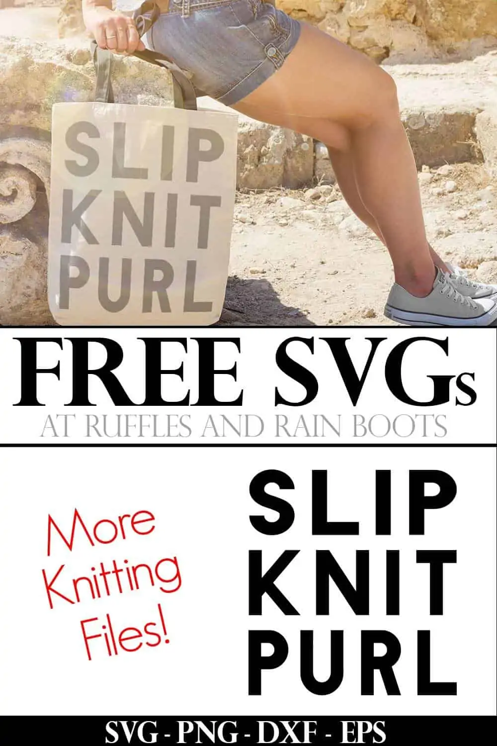 knitting svg slip knit purl in bold block font in gray on tote bag on beach with text which reads free SVG for Cricut 