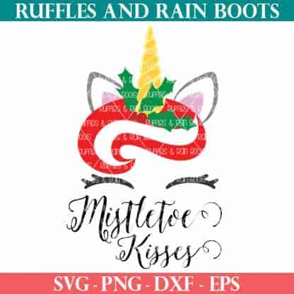 colorful Christmas unicorn SVG with mistletoe kisses and graphic on white background