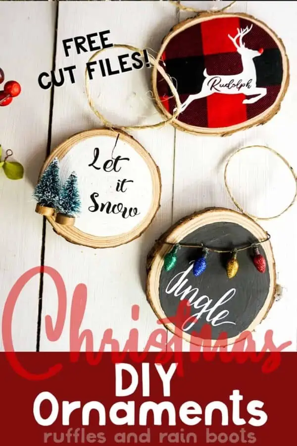 three Christmas ornaments on white wood background with Christmas elements with text which reads DIY Christmas ornaments with Cricut