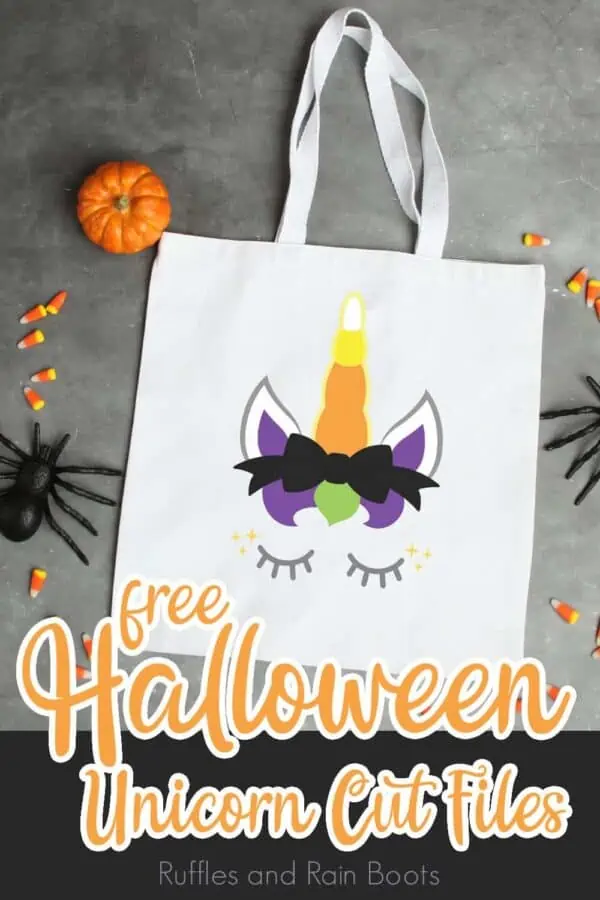 adorable trick or treat bag for kids made with a Halloween unicorn svg with a candy corn horn and text which reads free svg