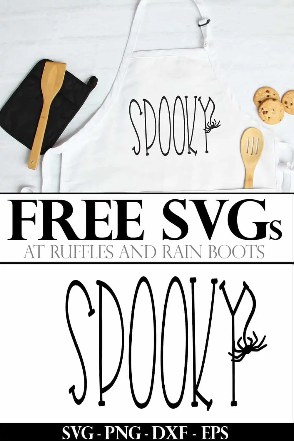 spooky svg with spider placed onto a white apron on white wood background with text which reads free svg from ruffles and rain boots