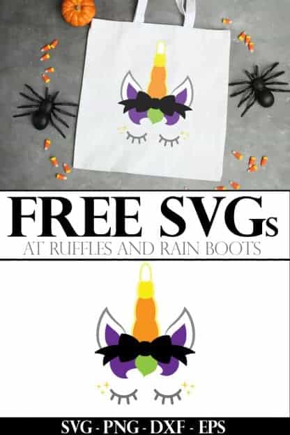 collage of trick or treat bag for kids made with a Halloween unicorn cut file with a candy corn horn and text which reads free svg