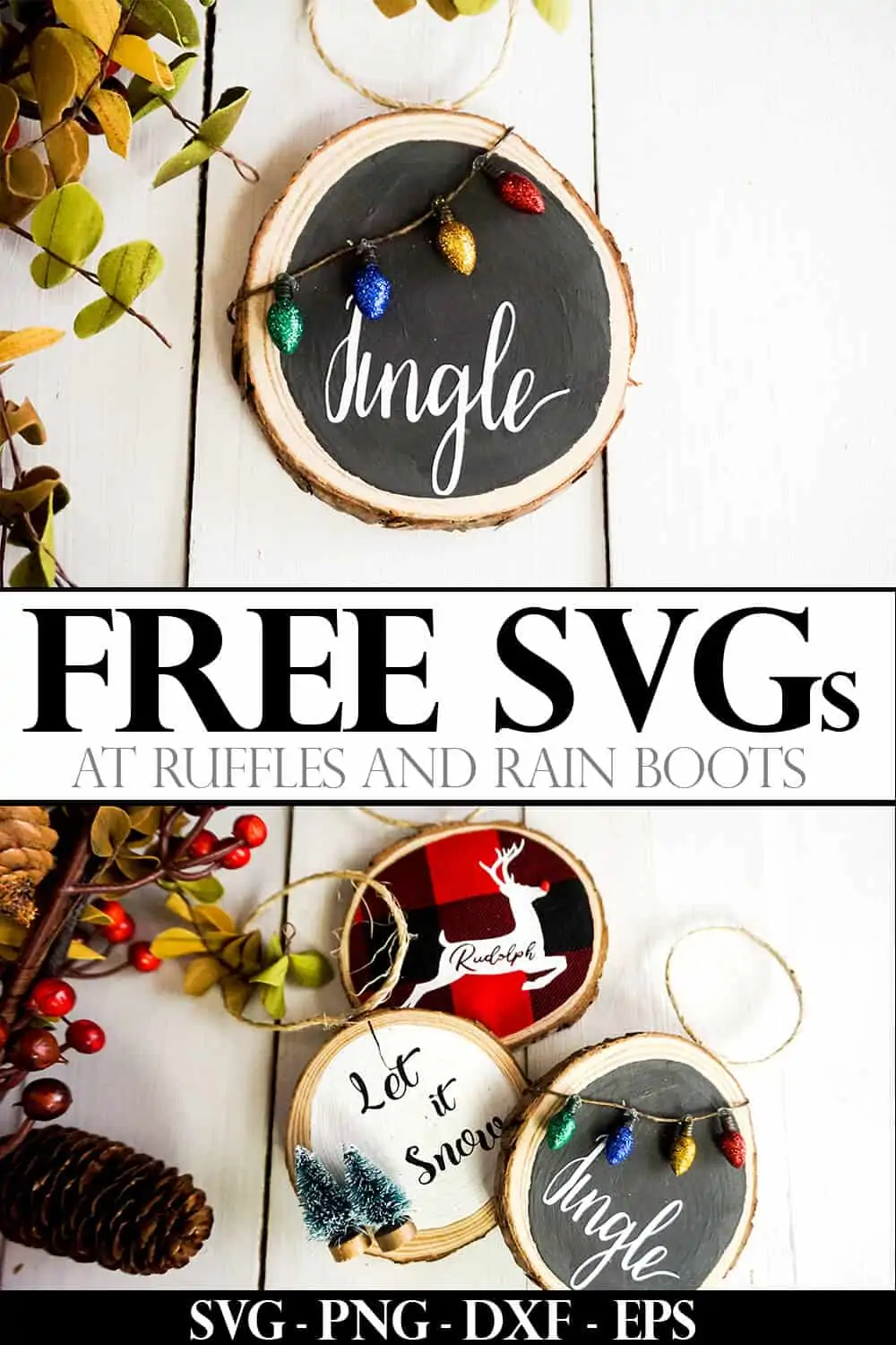 collage of Christmas ornaments made with Cricut and Jingle SVG with text which reads free svg at ruffles and rain boots