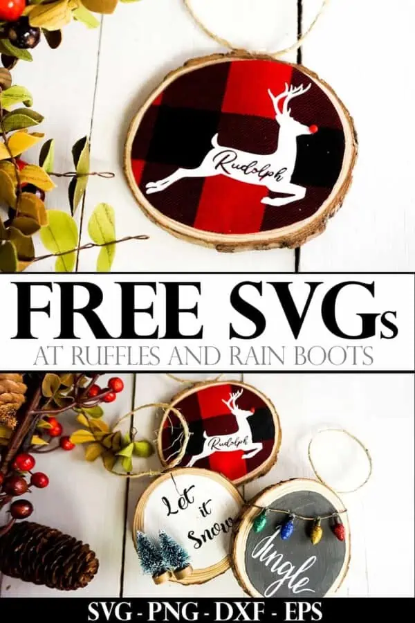 adorable buffalo check reindeer ornament with Rudolph cutout with text which reads free svg from ruffles and rain boots