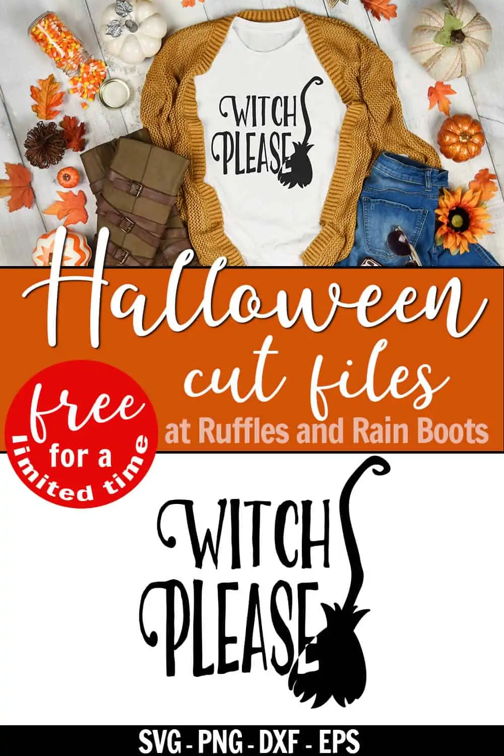 adorable Halloween Cricut project t-shirt made with free witch please svg with text which reads Halloween cut files at Ruffles and Rain Boots