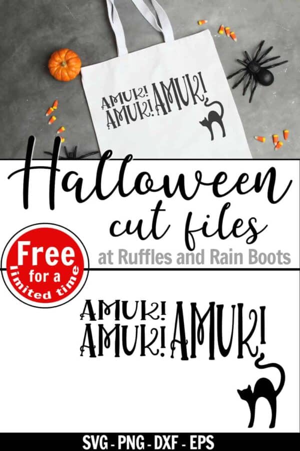 amuk amuk amuk svg with black cate on white tote bag with text which reads Halloween cut files free for a limited time