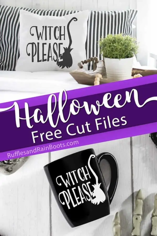 Halloween Cricut project ideas pillow and mug made with free witch please svg with broom with text which reads Halloween cut files