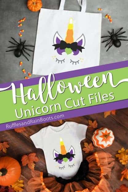 Halloween unicorn svg on trick-or-treat bag and onesie with text which reads Halloween unicorn cut files