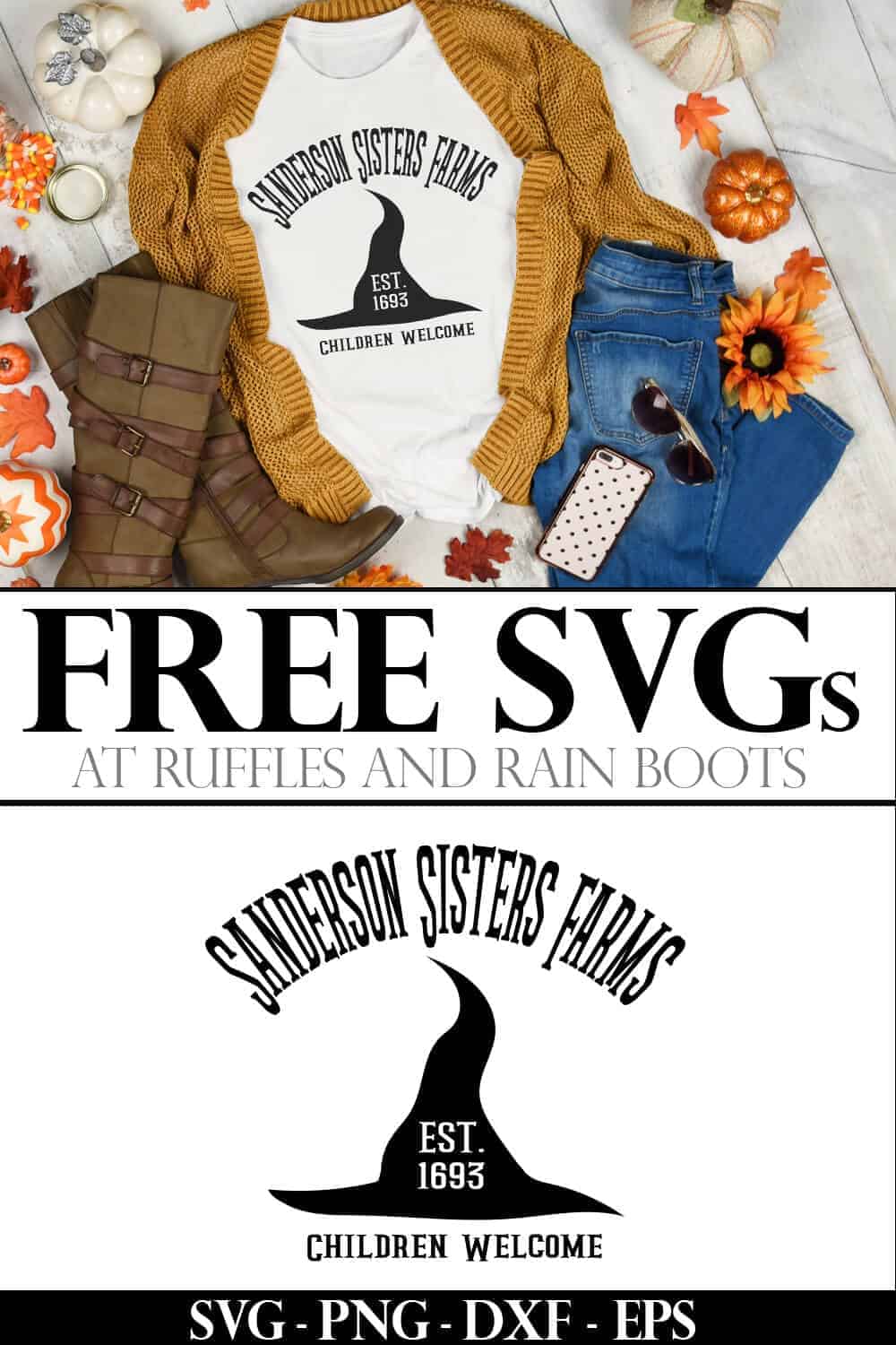 Sanderson Sisters farm Hocus Pocus svg placed on white tshirt with fall background with text which reads free svgs at ruffles and rain boots