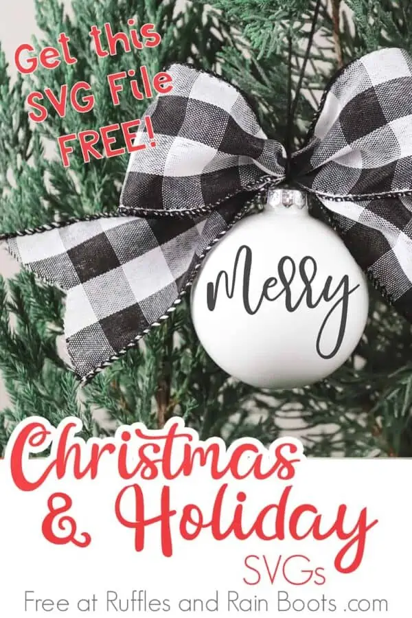 bright white ornament with black and white Buffalo check bow hanging on tree made with a merry SVG with text which reads Christmas and Holiday SVGs free at Ruffles and Rain Boots
