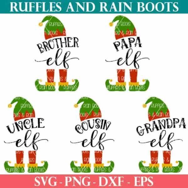 five red green and yellow elf family svg files on a white background