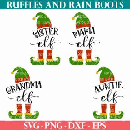 4 red green and yellow elf family svg files on white background