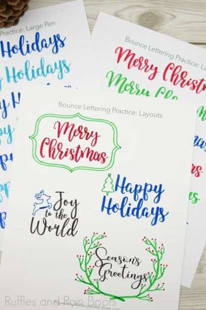 colorful hand lettered Christmas practice sheets for brush pens