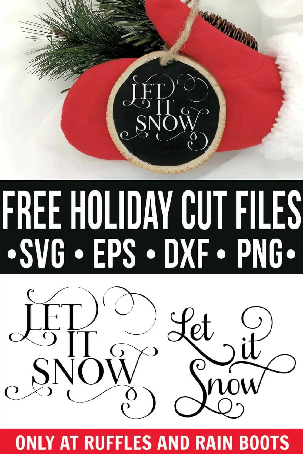 collage of free holiday flourish let it snow svg on ornament
