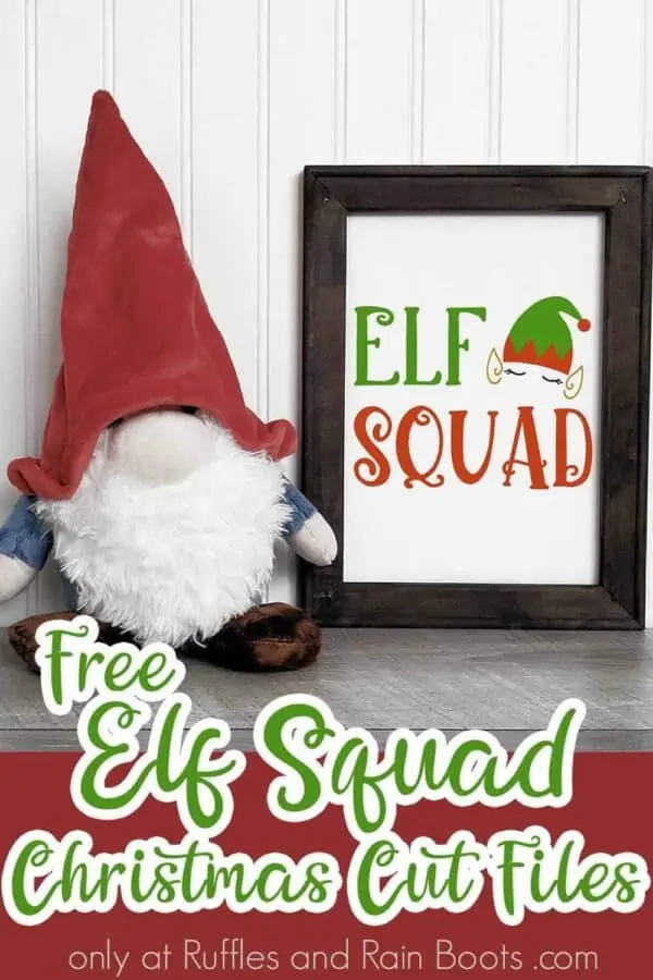 green and red elf squad SVG on frame with gnome and wall background