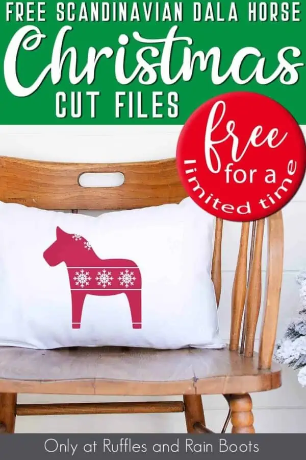 dala horse svg on white pillow on wood chair with text which reads free dala horse Christmas svg