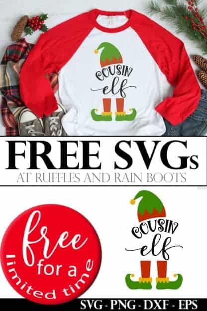 collage of free elf family svg used on red and white t shirt on Christmas background with the text which reads free svg