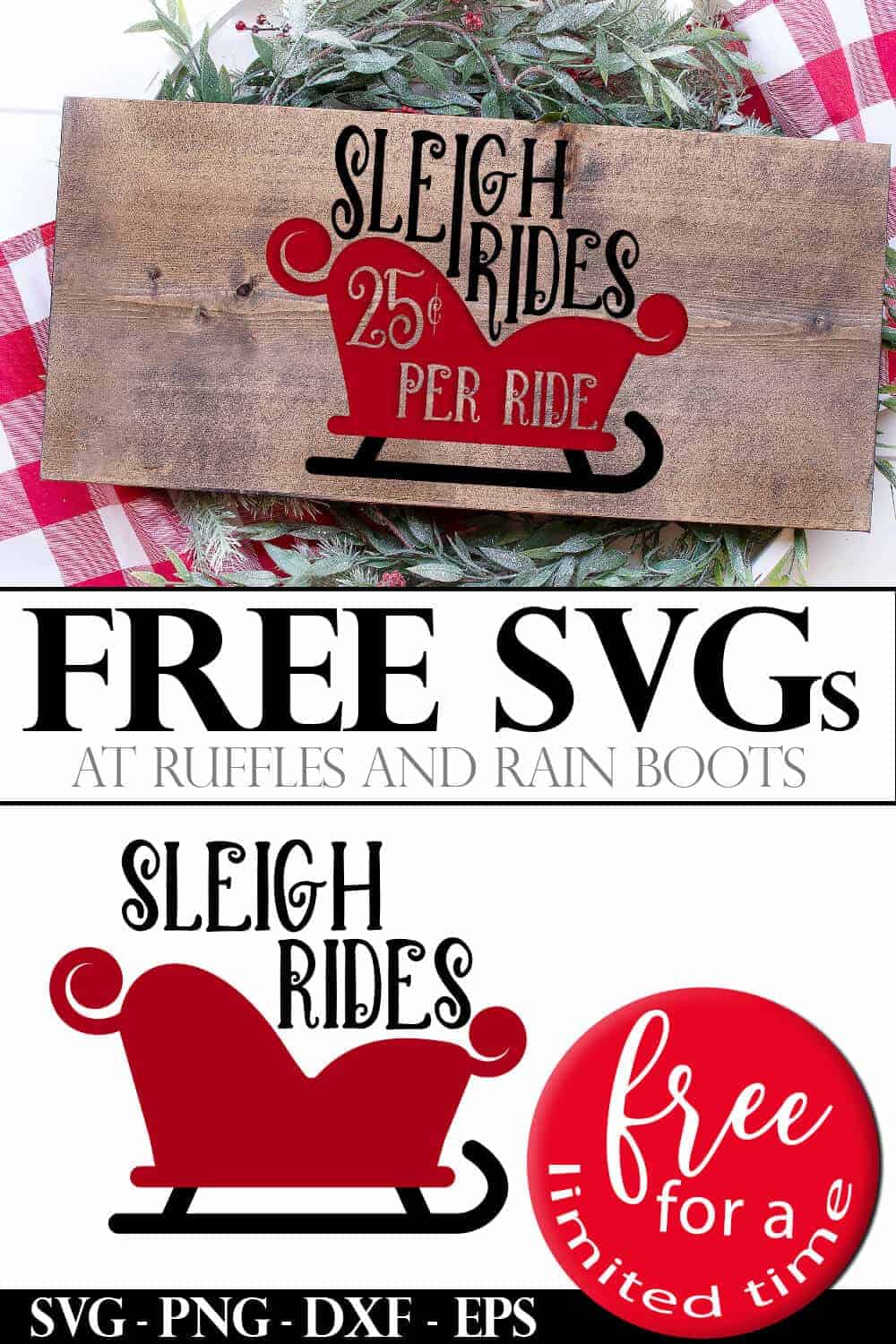 red sleigh ride svg in vinyl on wood plank free for a limited time collage