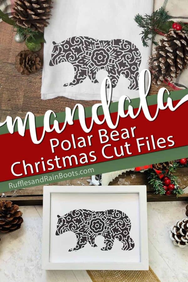 two Polar Bear Mandala SVG cut files on towel and in holiday sign with text which reads mandala polar bear Christmas cut files