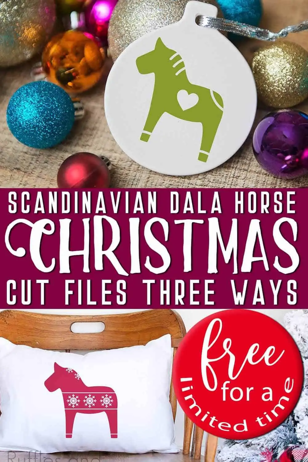 collage of pillow and ornament made with a Scandinavian Dala horse SVG and Christmas cut files