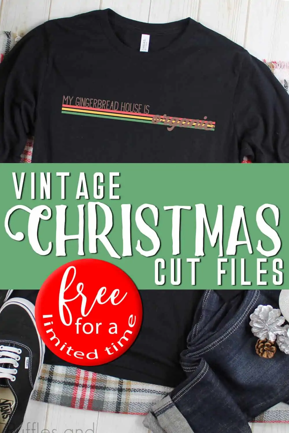 My gingerbread house is organic vintage hipster svg on black t shirt with text which reads vintage Christmas cut files