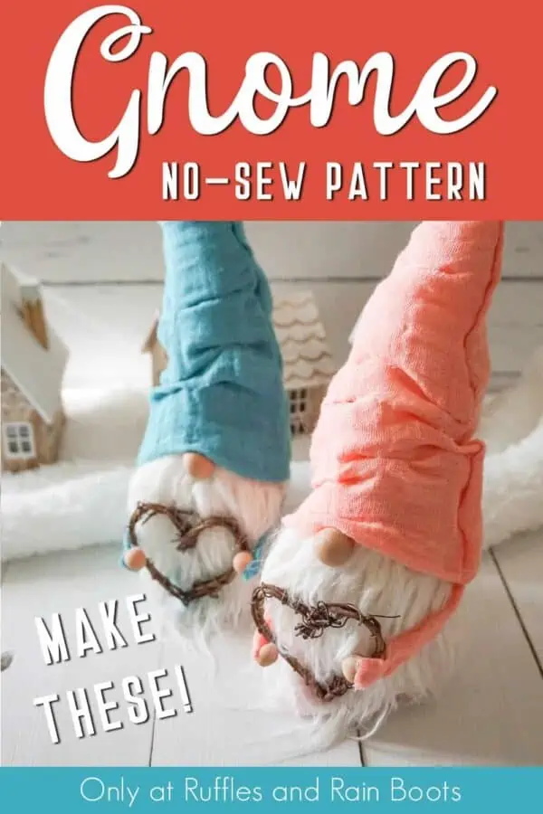 no sew gnome pattern with two gnomes on white farmhouse background